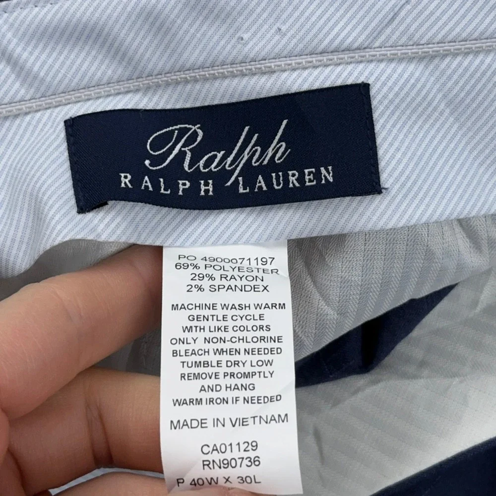 Ralph Lauren Dress Pants Mens 40x30 Blue Windowpane Plaid Pleated Cuffed Stretch